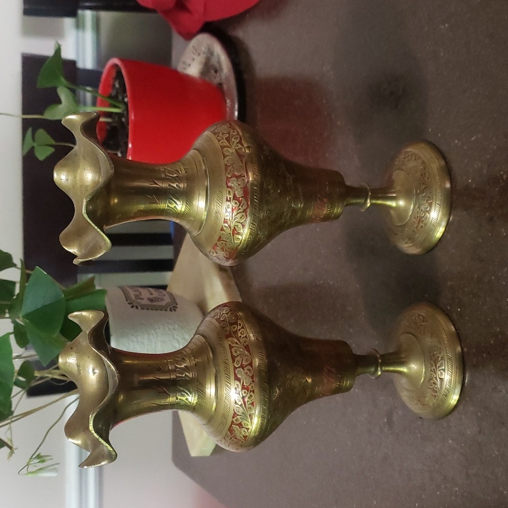 Beautiful Solid Brass Bud Vases (2) with Red in Design.  Made in India.
